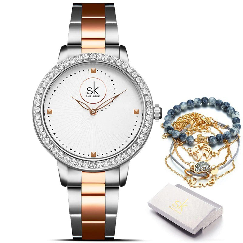 Women's Casual Rhinestone Embellished Conch Pattern Dial Quartz Watches