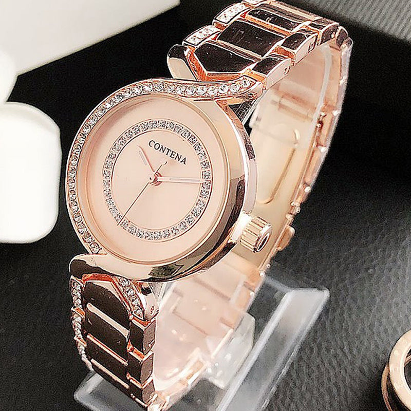 Stainless Steel Rhinestone Bejeweled Round Case Quartz Watches