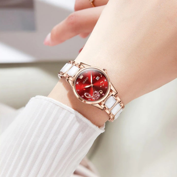 Rhinestone Musical Note Dial with Waterproof Ceramic Bracelet Quartz Watches