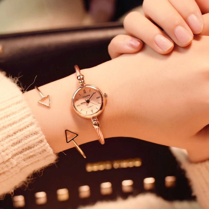 Stainless Steel Retro Small Round Case Bangle Bracelet Quartz Watches