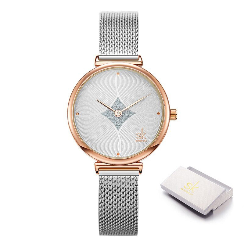 Delicate Curved Glitter Embellished Dial with Steel Mesh Strap Quartz Watches