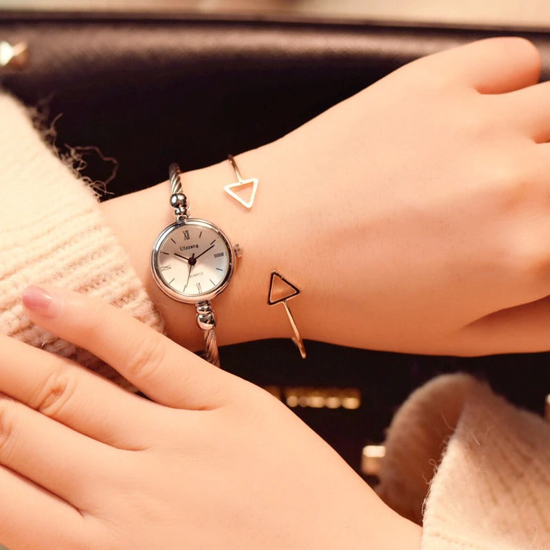 Stainless Steel Retro Small Round Case Bangle Bracelet Quartz Watches