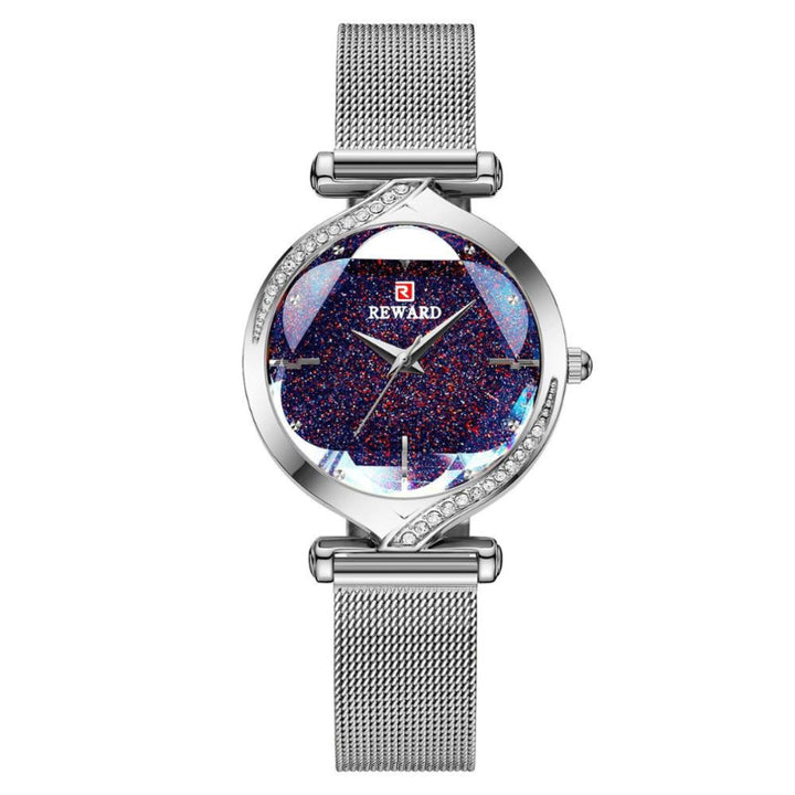 Petal Shaped Glass with Shiny Rhinestone Inlay Dial Quartz Watch