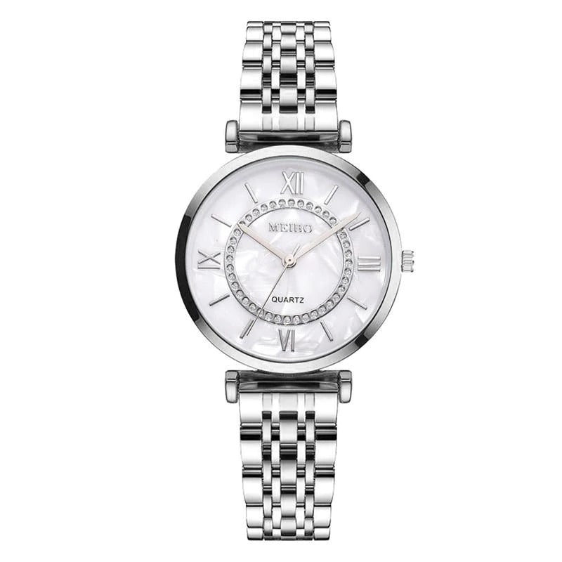 Rhinestone Accents Dial with Stainless Steel Strap Quartz Watches