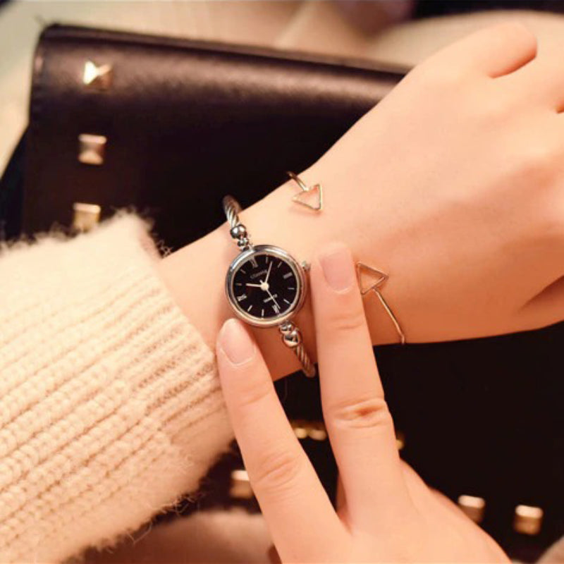 Stainless Steel Retro Small Round Case Bangle Bracelet Quartz Watches