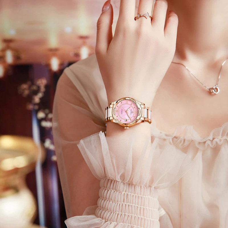 Luminous Rhinestone Flower Shaped Case Automatic Self-Winding Watches