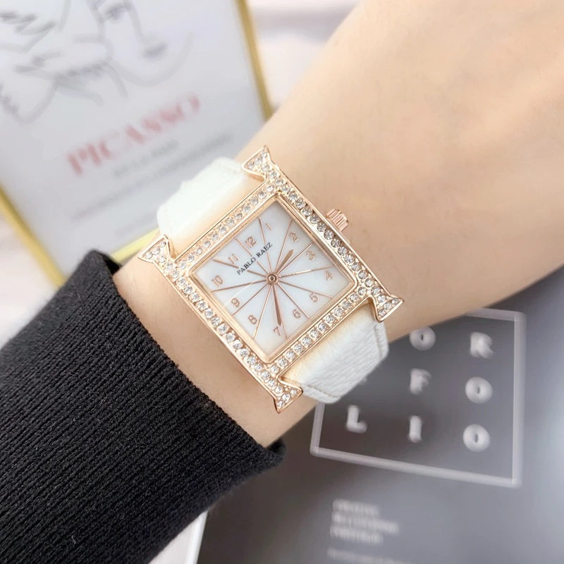 Top Notch Women's Rhinestone Accented Vegan Leather Quartz Watches