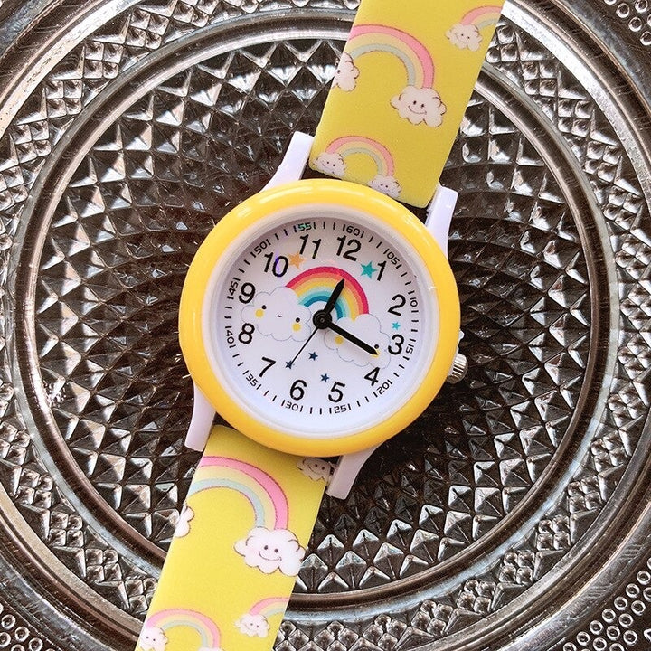 Cartoon Rainbow Cloud Printed Silicone Band Quartz Watches for Kids