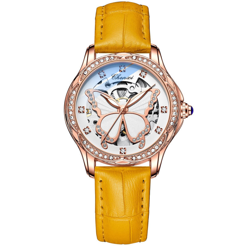 Rhinestone Embellished Hollow Butterfly Dial Automatic Watches