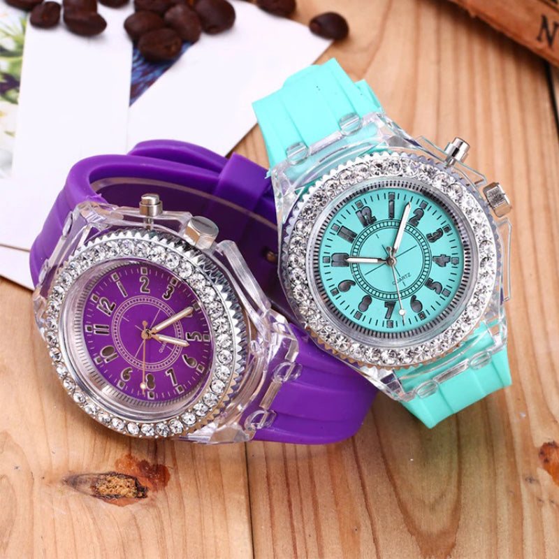 Rhinestone Adorned with LED Light Silicone Strap Quartz Watches