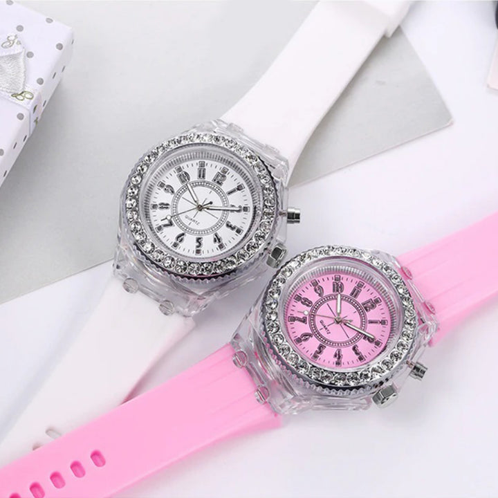 Rhinestone Adorned with LED Light Silicone Strap Quartz Watches