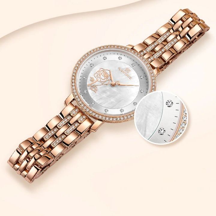 Blooming Rose Flower Dial with Rhinestone Scales Waterproof Quartz Watches