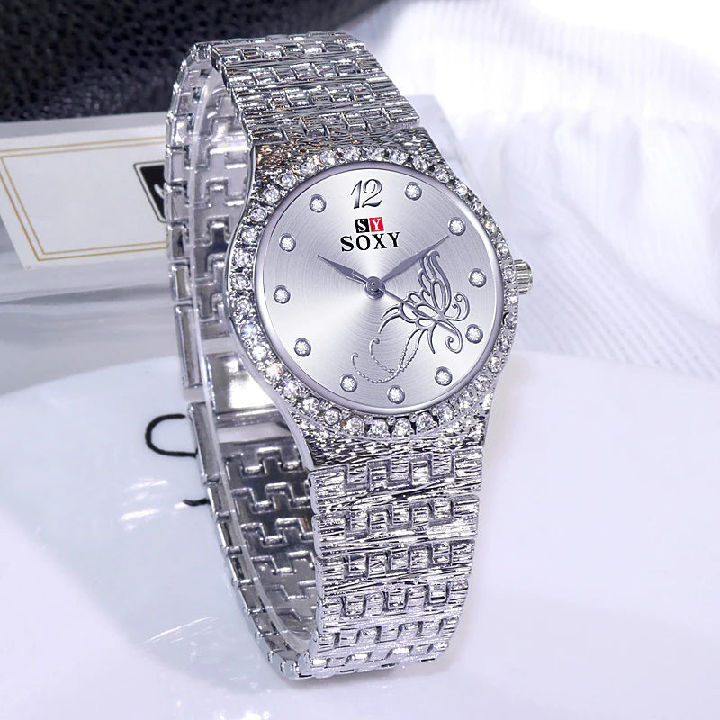 Sophisticated Rhinestone Adorned Butterfly Dial Quartz Watches