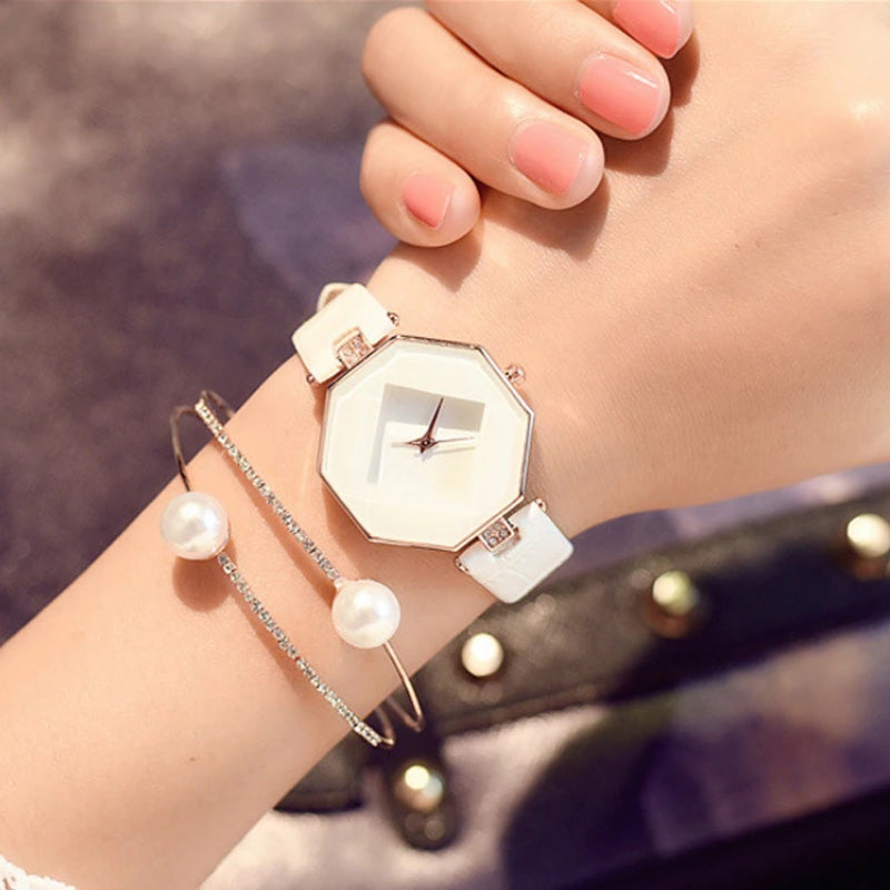 Stylish Geometric Case Shape with Vegan Leather Strap Quartz Watches