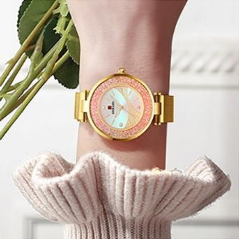 Glitzy Rotating Rhinestones with Glowing Dial Mesh Strap Quartz Watches