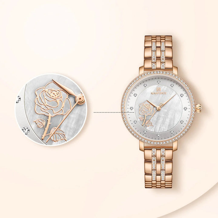 Blooming Rose Flower Dial with Rhinestone Scales Waterproof Quartz Watches