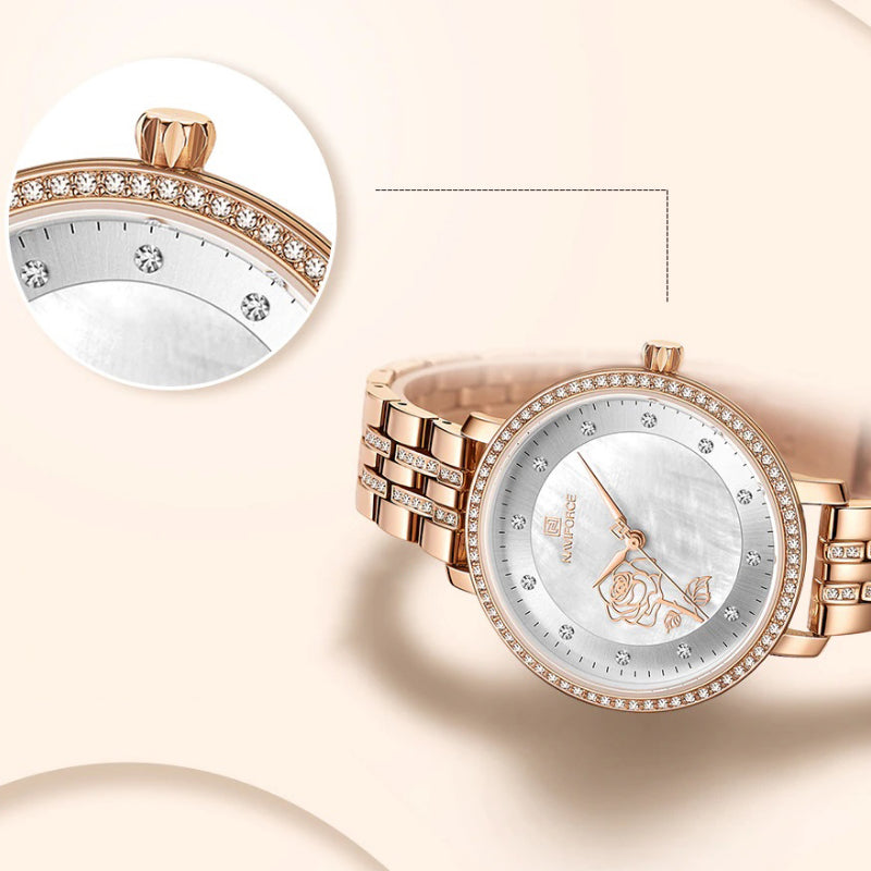 Blooming Rose Flower Dial with Rhinestone Scales Waterproof Quartz Watches