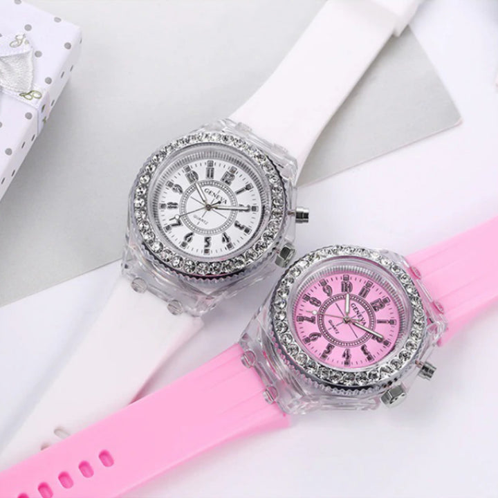 Luminous Rhinestone Adorned with LED Light Silicone Strap Quartz Watches