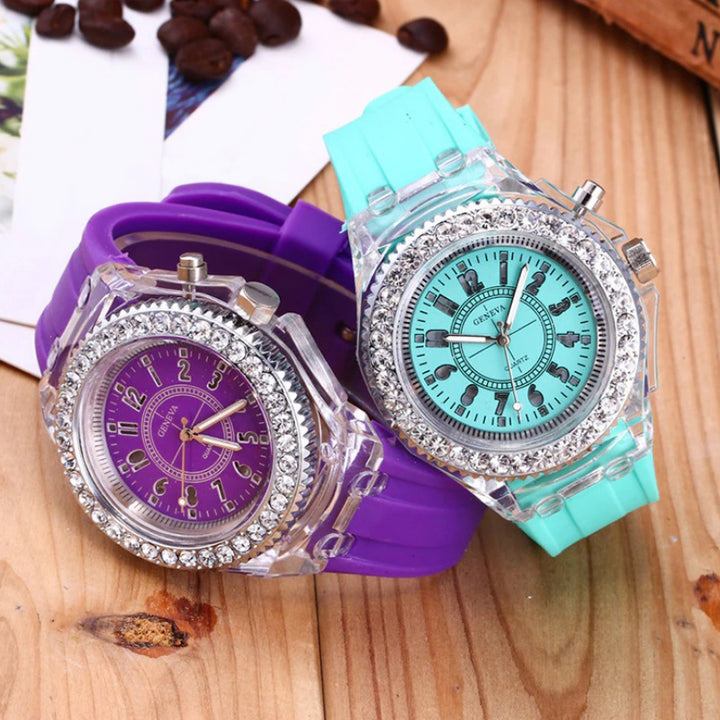 Luminous Rhinestone Adorned with LED Light Silicone Strap Quartz Watches