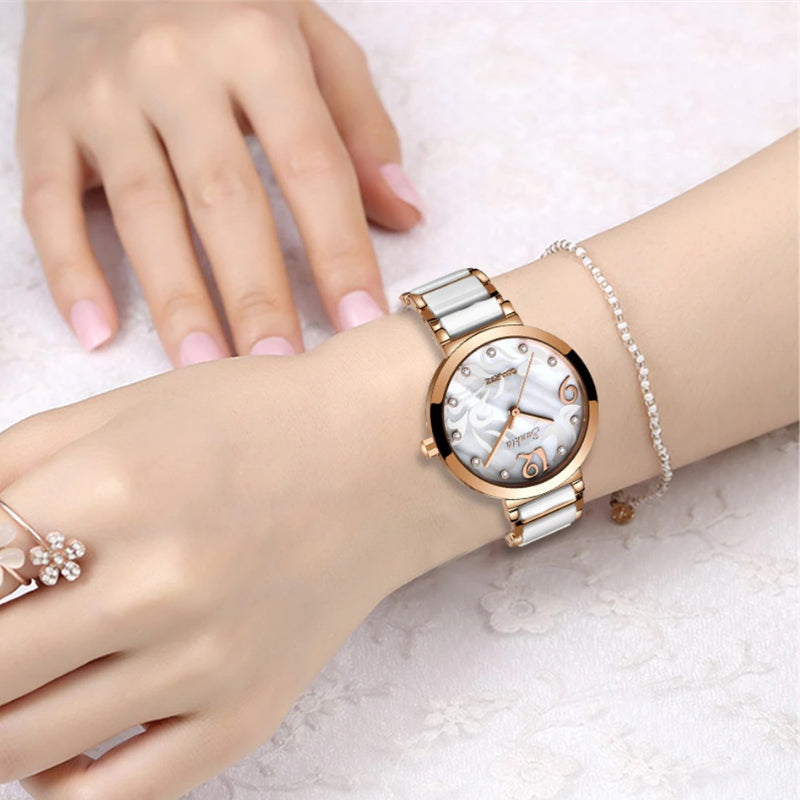 Stylish and Elegant Rhinestone Surface with Ceramic Steel Strap Quartz Watches