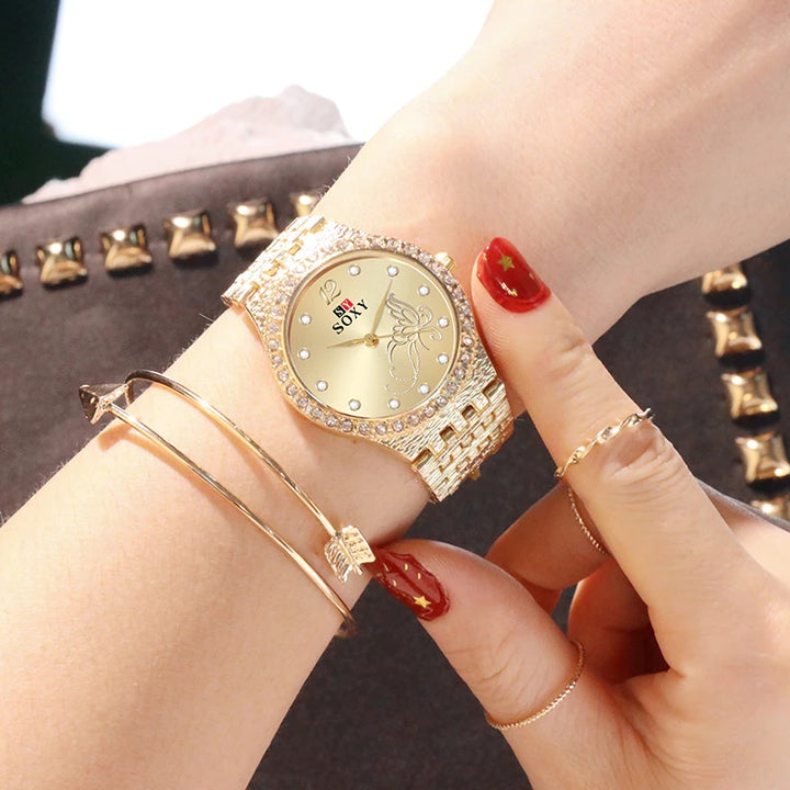 Sophisticated Rhinestone Adorned Butterfly Dial Quartz Watches