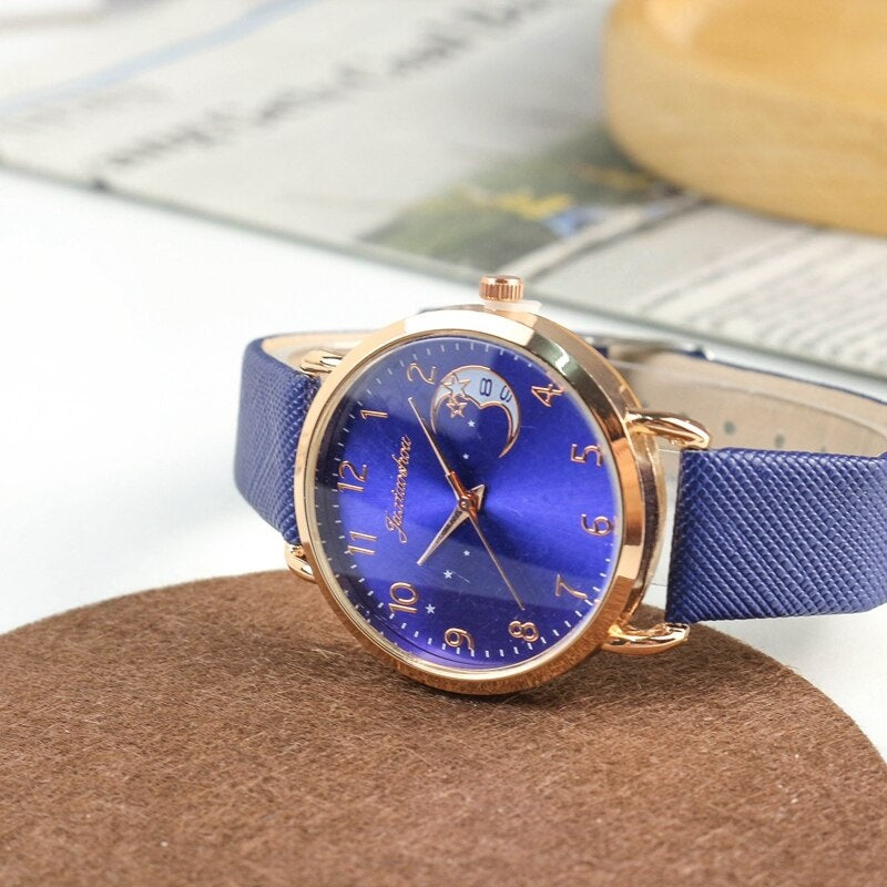 Crescent Moon and Star Number Dial with Vegan Leather Strap Quartz Watches