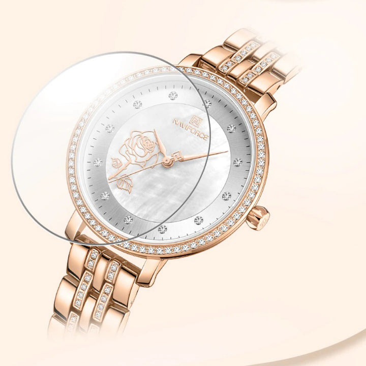 Blooming Rose Flower Dial with Rhinestone Scales Waterproof Quartz Watches