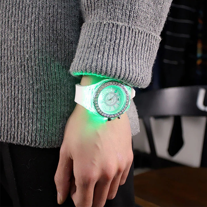 Luminous Rhinestone Adorned with LED Light Silicone Strap Quartz Watches