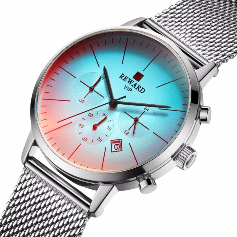 Colorful Glass Dial with Steel Mesh Band Chronograph Quartz Watches