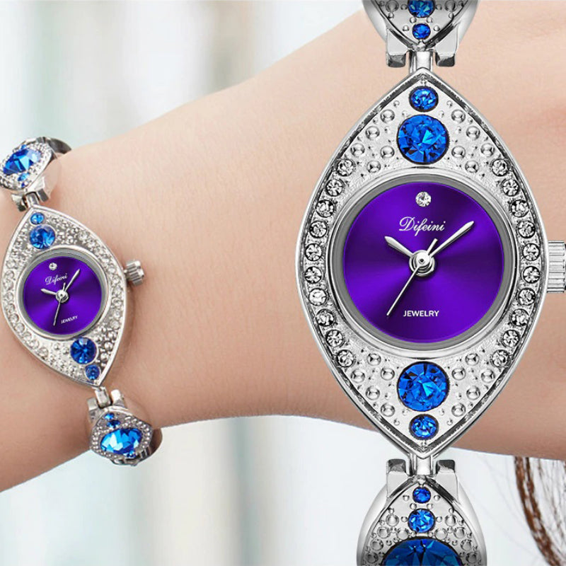 Women's Luxurious Eye Shaped Rhinestone Bejeweled Bracelet Quartz Watches