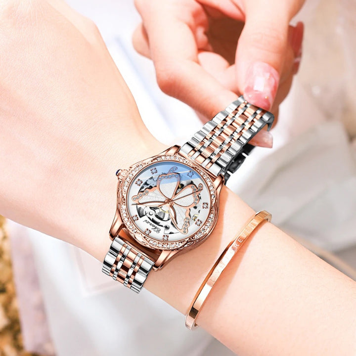 Rhinestone Embellished Hollow Butterfly Dial Automatic Watches