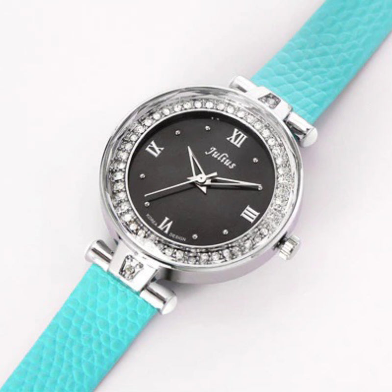 Rhinestone Embellished Dial with Slender Vegan Leather Strap Quartz Watches