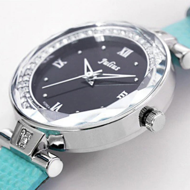 Rhinestone Embellished Dial with Slender Vegan Leather Strap Quartz Watches