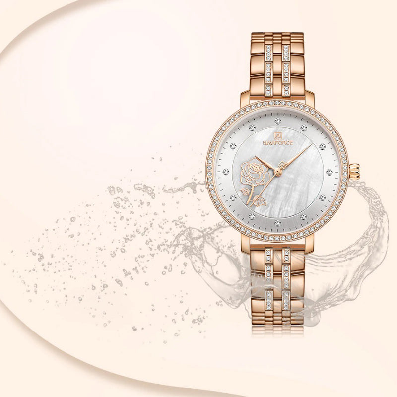 Blooming Rose Flower Dial with Rhinestone Scales Waterproof Quartz Watches