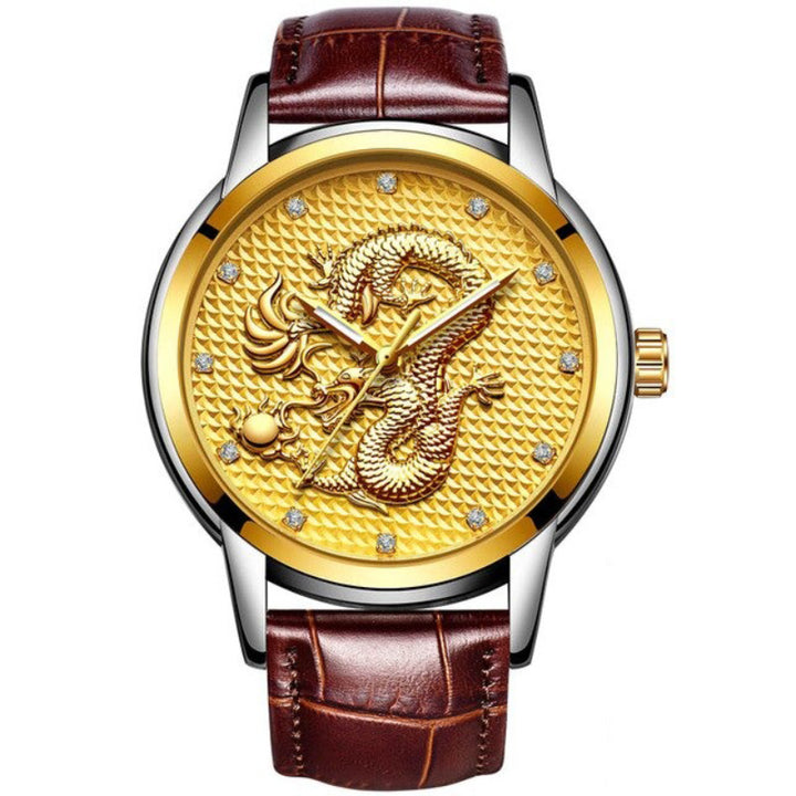 Golden Dragon with Rhinestone Accented Dial in Stainless Steel Strap Quartz Watches