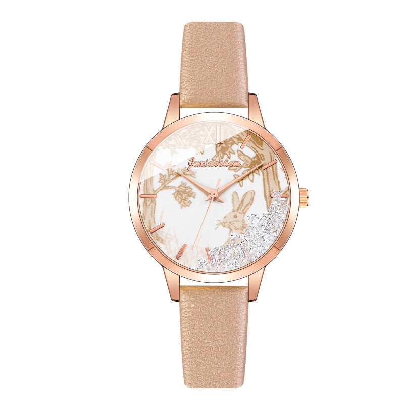 Bright-Colored Rabbit Patterned Dial with Leather Strap Quartz Watches