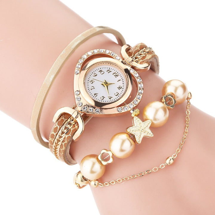 Multi-layer Pearl and Rhinestone Embellished Vegan Leather Bracelet Quartz Watches