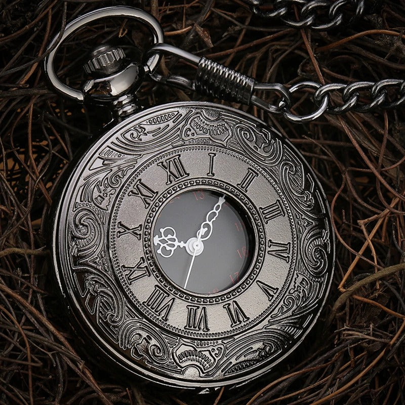 Retro Stylish Roman Numerals Dial Hollow Case Quartz Pocket Watches