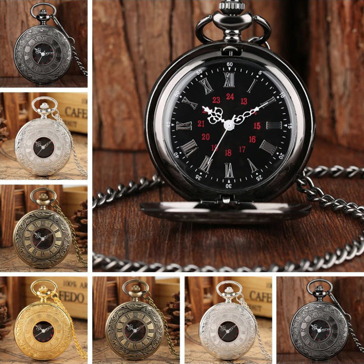 Retro Stylish Roman Numerals Dial Hollow Case Quartz Pocket Watches