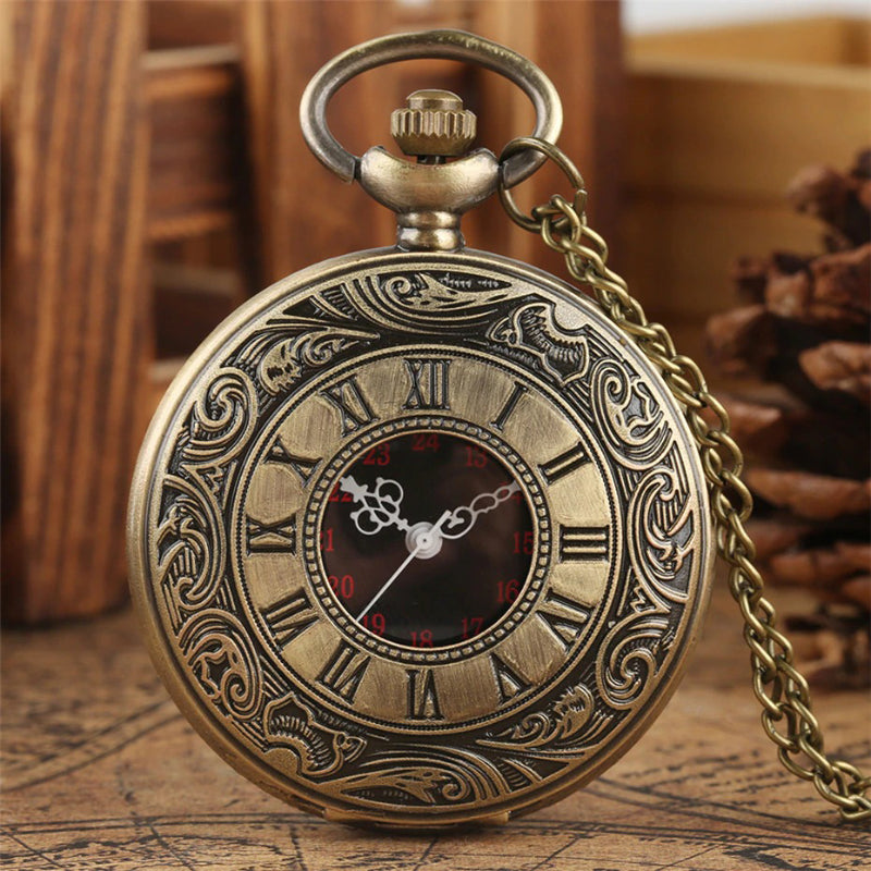 Retro Stylish Roman Numerals Dial Hollow Case Quartz Pocket Watches