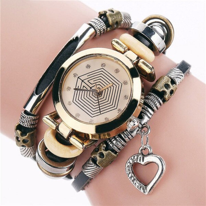 Multi-layer Classic Vegan Leather Strap with Heart Charm Quartz Watches