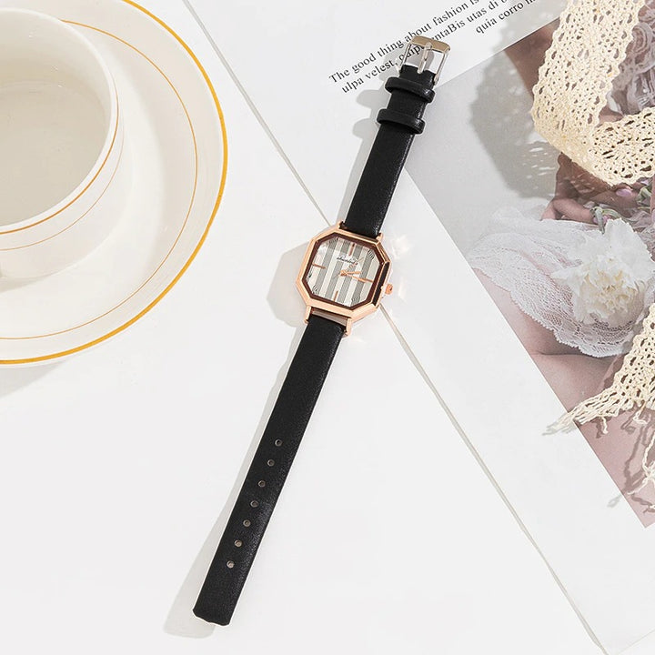 Geometric Fashion Stripe Dial with Vegan Leather Strap Quartz Watches