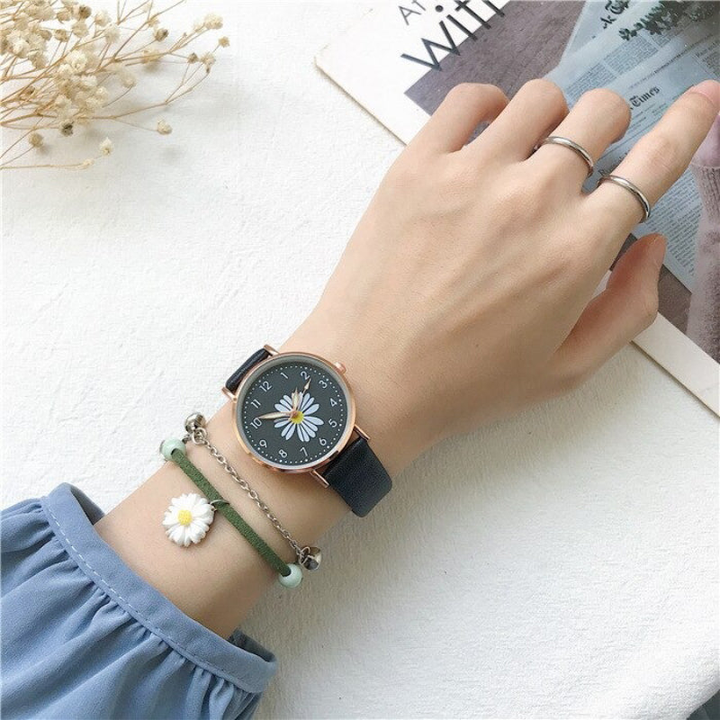 Summer Fashion Daisy Flower with Vegan Leather Quartz Watches