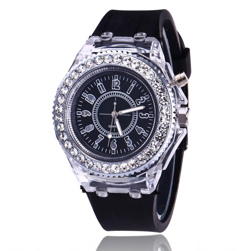 Rhinestone Adorned with LED Light Silicone Strap Quartz Watches