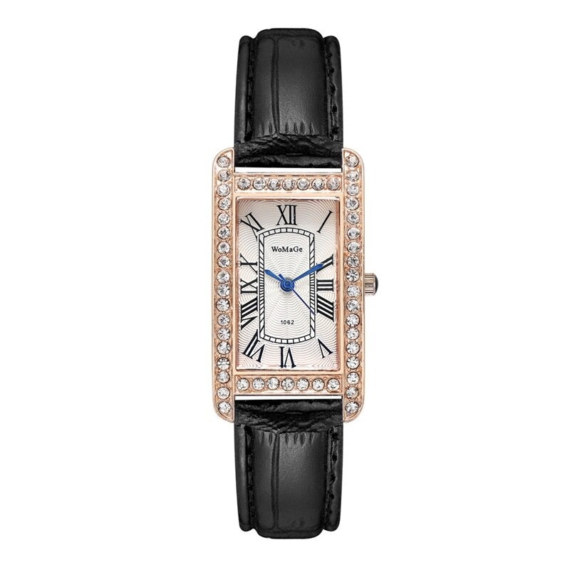 Retro-Chic Rhinestone Accented Vegan Leather Band Quartz Watches