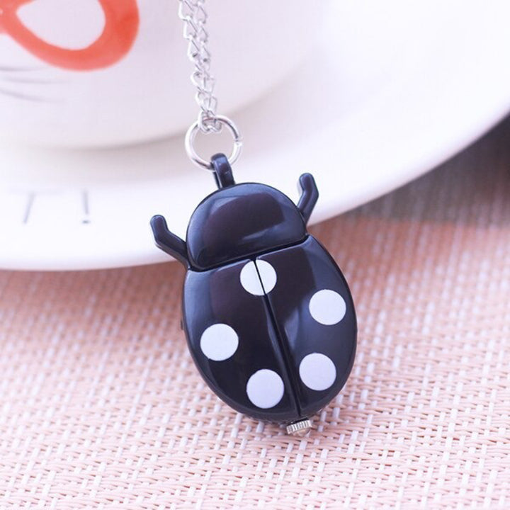 Bright-Colored Cartoon Ladybug Flip Cover Necklace Quartz Pocket Watches