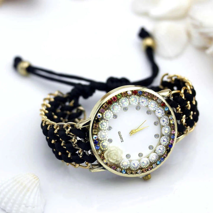 Adjustable Handmade Colorful Rhinestone Flower Dial Quartz Watches