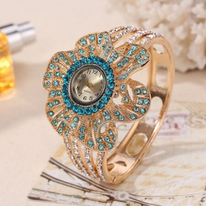 Bedazzled Multi-color Rhinestone Encrusted Flower Shape Bracelets Quartz Watches