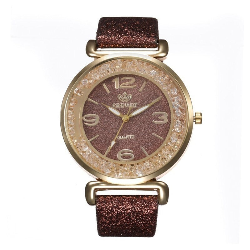 Shimmering Rhinestones with Frosted Vegan Leather Strap Quartz Watches