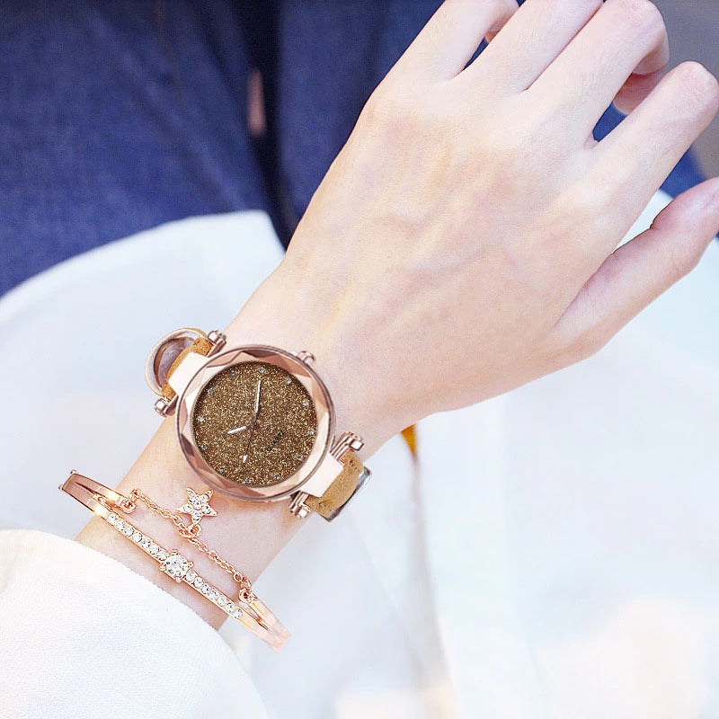 Glittering Starry Sky Fashion with Vegan Leather Strap Quartz Watches